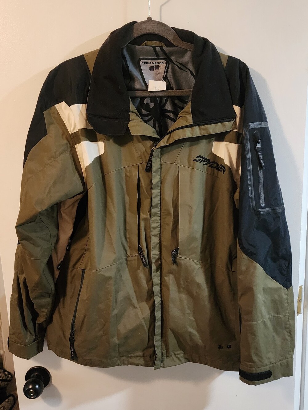 Spyder Men's Olive and Black Ski Jacket with Cream Accents